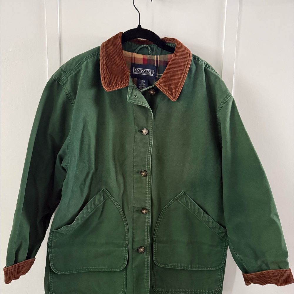 Lands' End Vintage Barn Jacket Green with Brown Collar